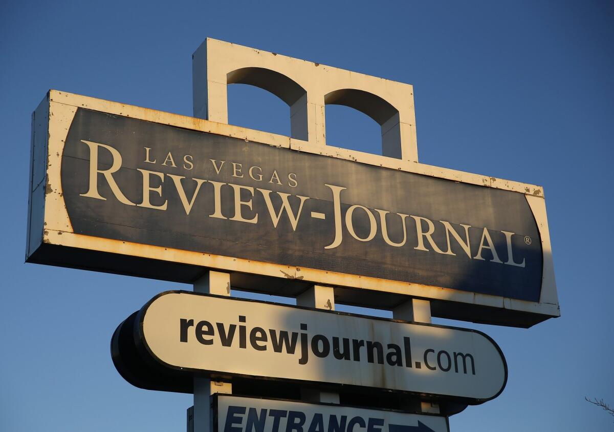 An exterior sign for the Las Vegas Review-Journal is seen in Las Vegas.