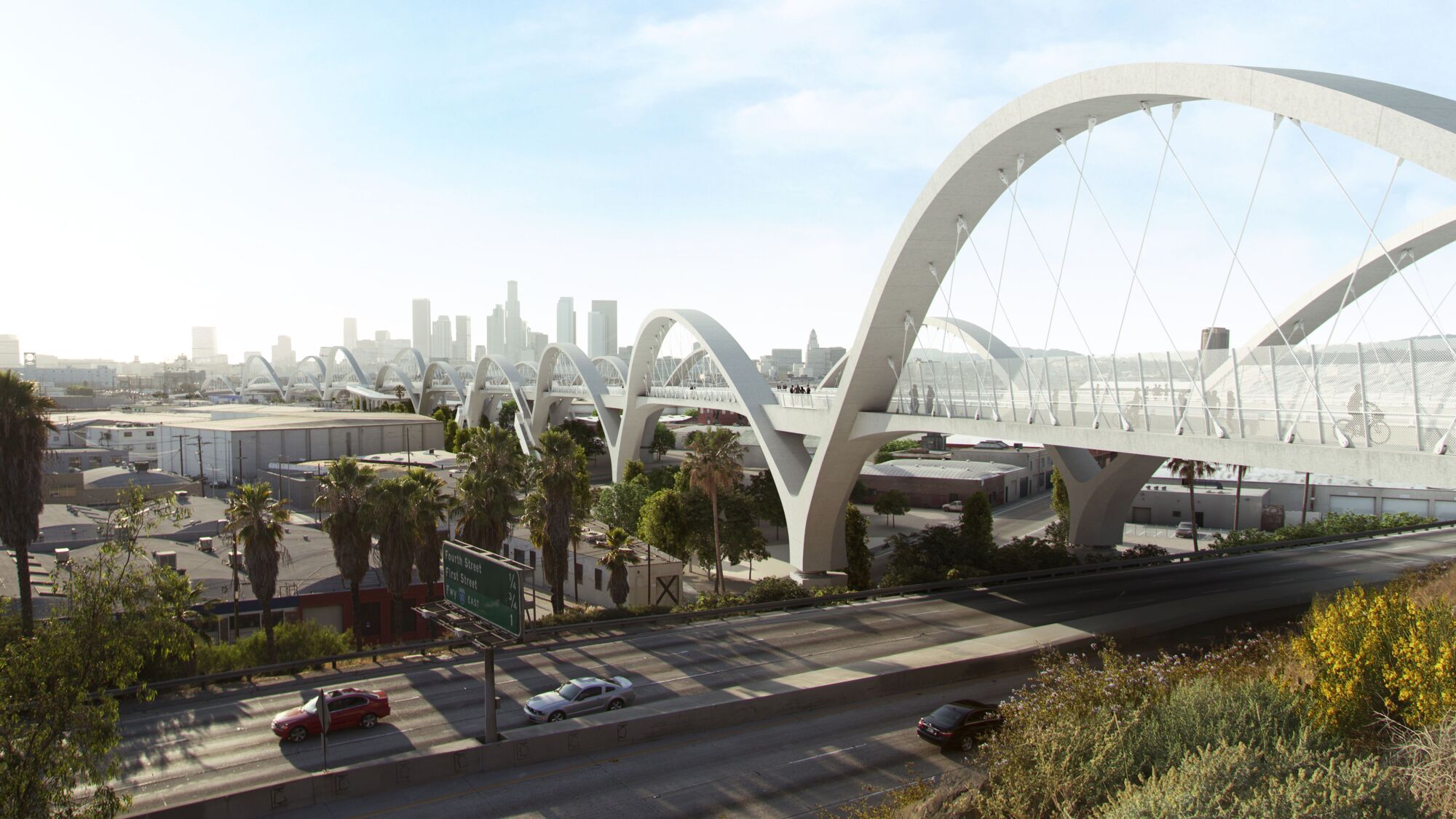 Artist's rendering of a ground-level view of the new bridge, looking toward downtown.