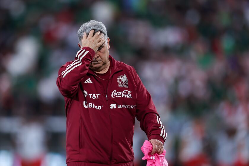 Mexico coach Tata Martino gestures during a match against Peru at the Rose Bowl on Sept. 24, 2022.
