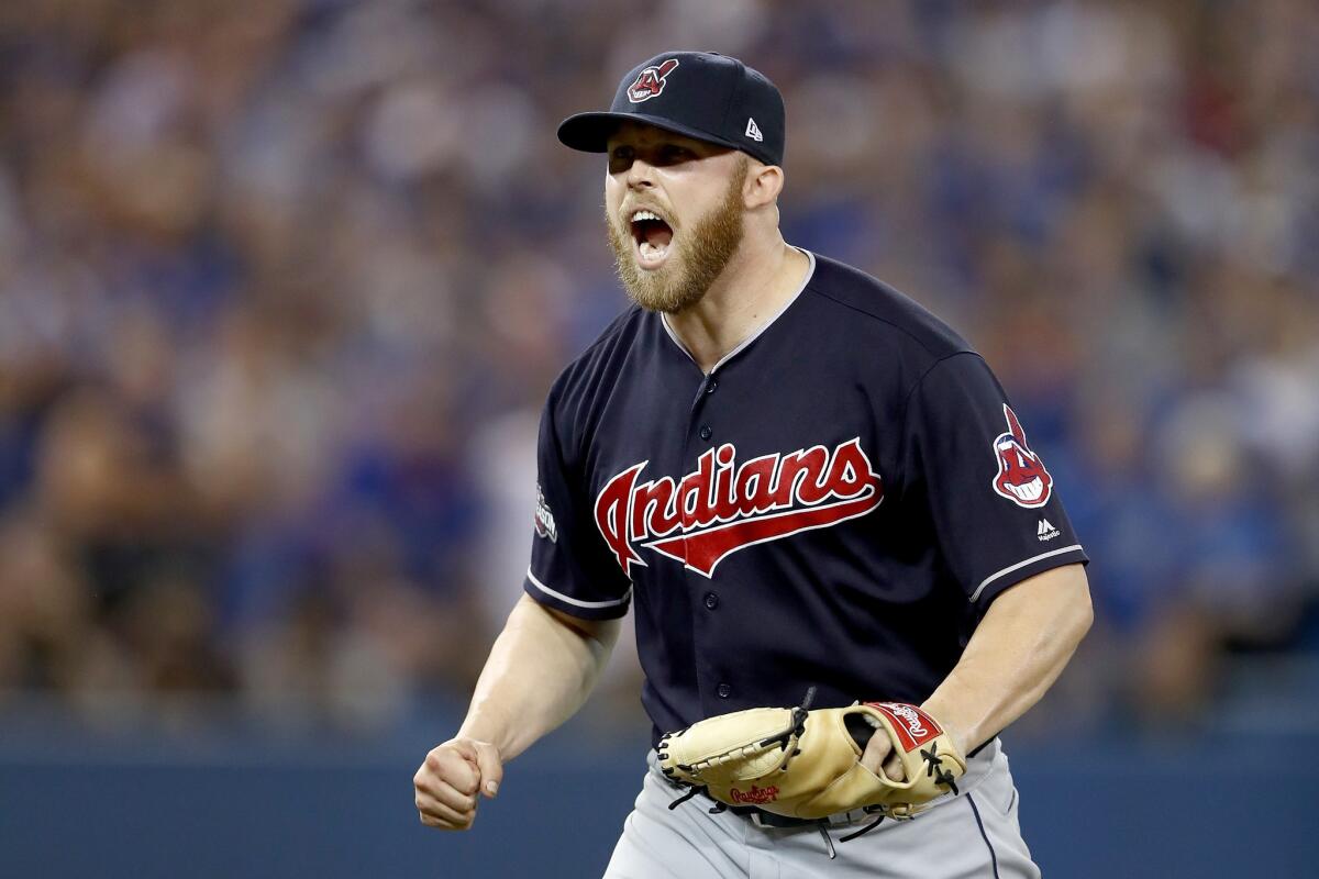 Indians reliever Cody Allen (37) celebrates after defeating the Toronto Blue Jays in Game 5 of the ALCS to advance to the World Series.