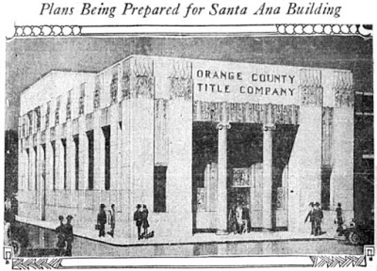 A newspaper clipping of the Orange County Title Co. building on Fifth and Main streets in Santa Ana.