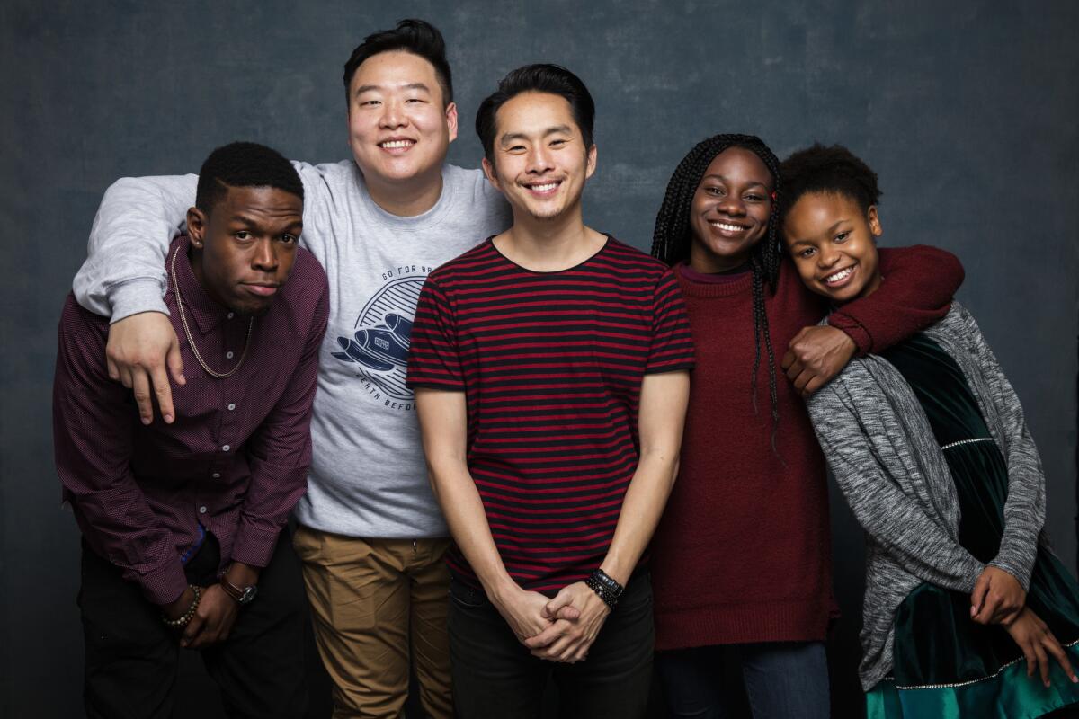 PARK CITY,UTAH --SATURDAY, JANUARY 21, 2017-- Actor Curtiss Cook Jr., actor David So, director/star Justin Chon, actress Omono Okojie, and actress Simone Baker, from the film, "Gook," are photographed in the L.A. Times photo studio during the Sundance Film Festival.