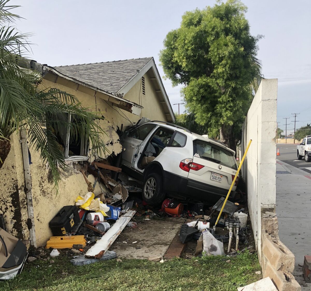 An SUV plowed through the side of this house on Fountain Lane in Huntington Beach on Friday morning.