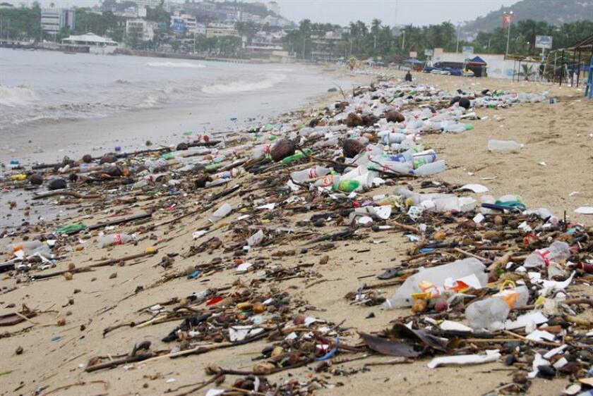 Vista de una playa de Acapulco donde se observa mucha basura en la orilla. EFE/Archivo