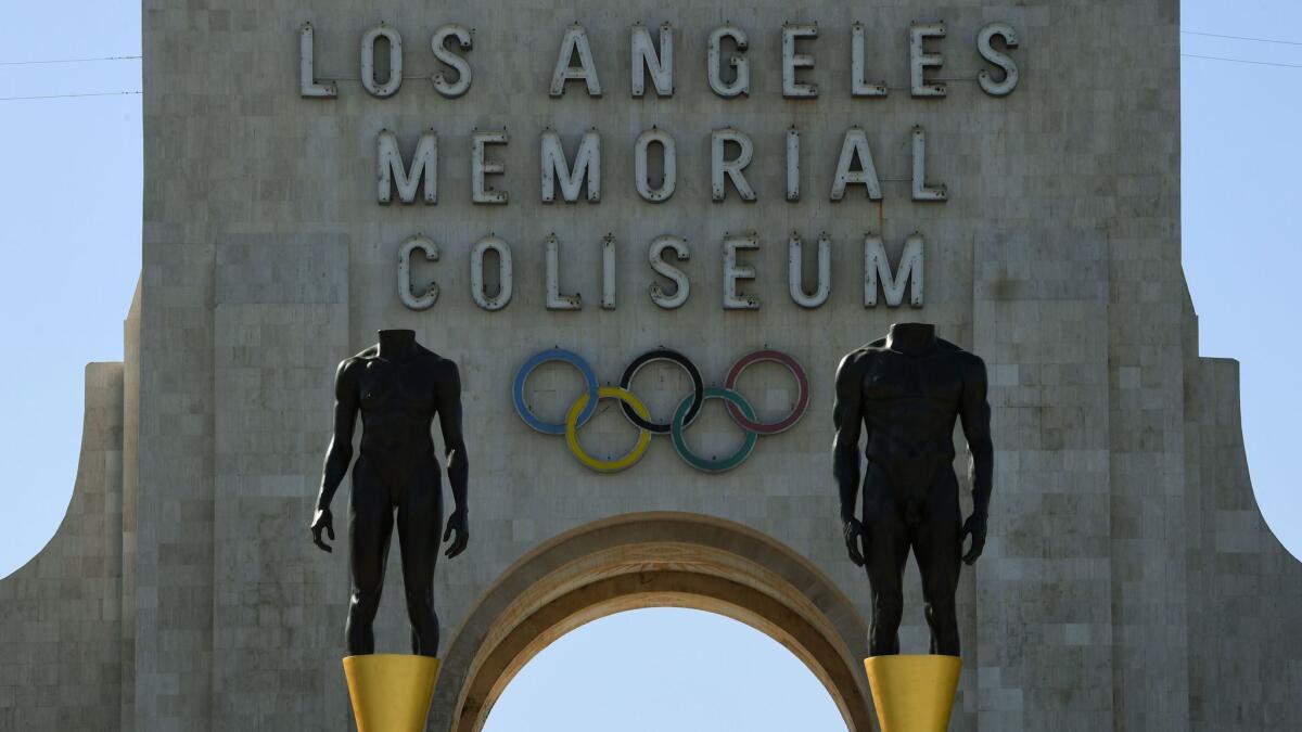 An Olympics-themed monument stands at the Coliseum on Feb. 22.