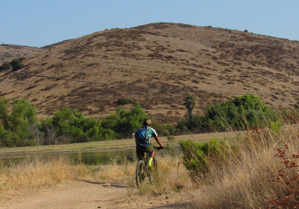 A mountain biker on a trail along a lake below a brushy hillside