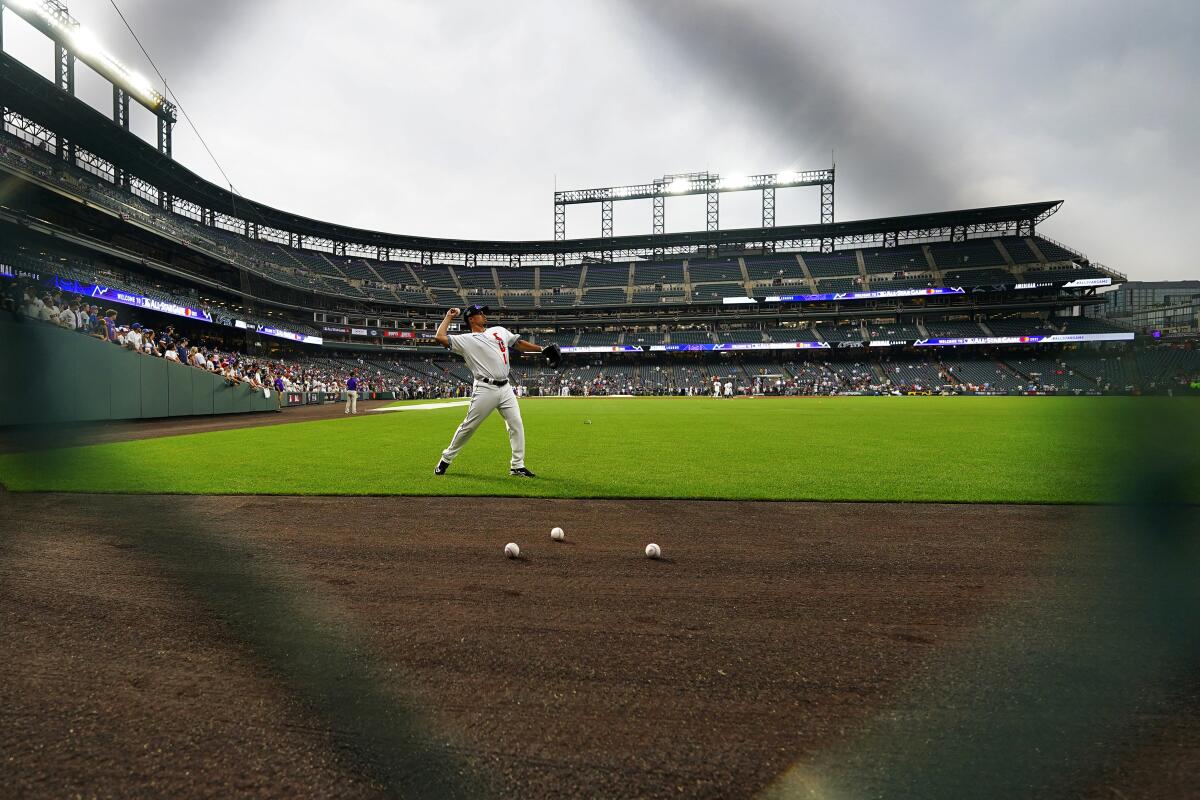 National League's German Marquez, of the Colorado Rockies, warms-up prior to the MLB all-star game Tuesday