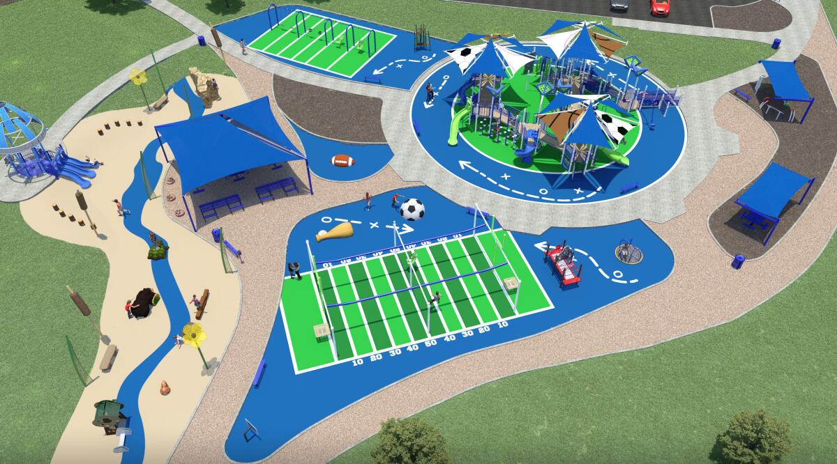 A rendering of a universally accessible playground and recreation area for the Fountain Valley Sports Park. 