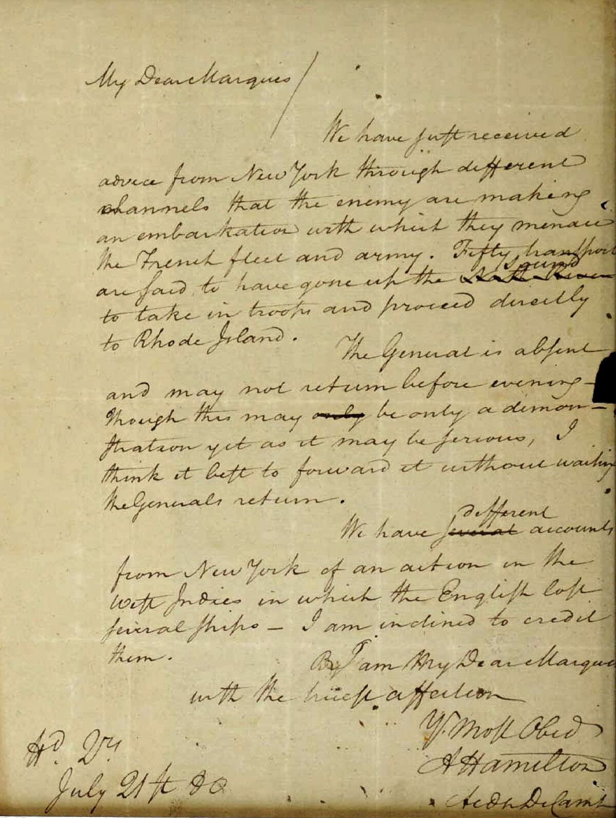 FILE - This image filed May 15, 2019, in federal court as part of a forfeiture complaint by the U.S. attorney's office in Boston shows a 1780 letter from Alexander Hamilton to the Marquis de Lafayette, that was stolen from the Massachusetts Archives decades ago. The letter written by Hamilton during the Revolutionary War and believed stolen decades ago from the Massachusetts state archives was returned Tuesday, Oct. 12, 2021, following a federal appeals court decision. (U.S. Attorney's Office via AP)