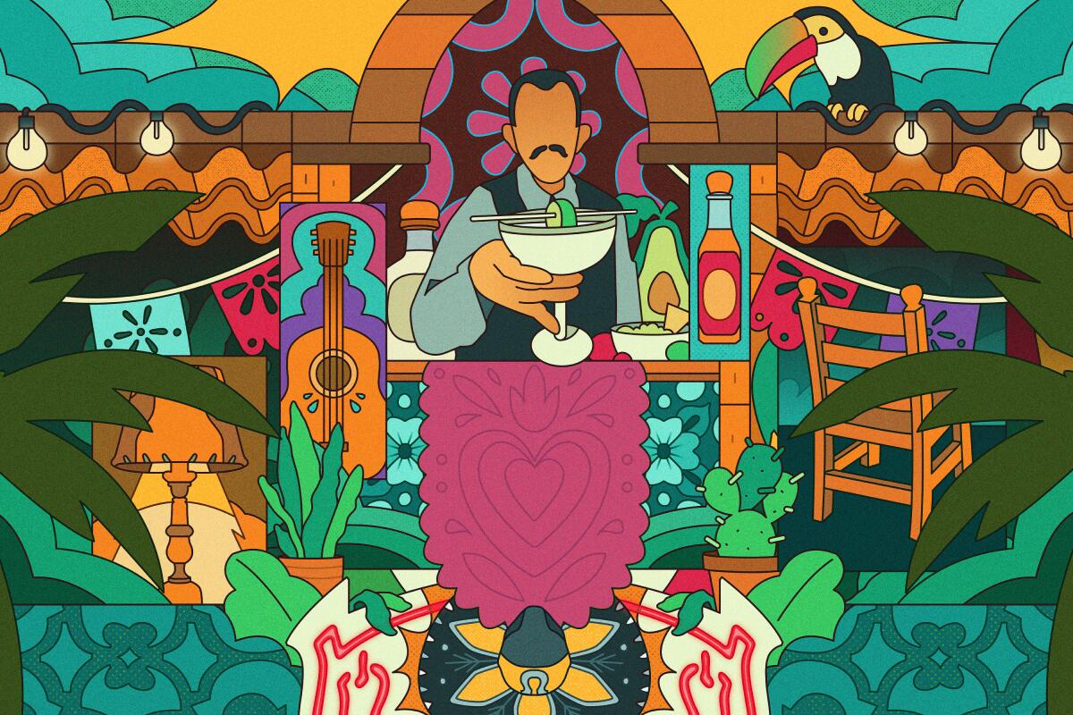 An illustration of a colorful restaurant.