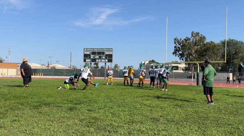 Jefferson High School football players at practice on July 28, 2022.