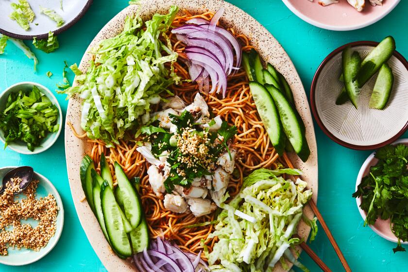 LOS ANGELES - THURSDAY, August 1 2019: Wimpy Cold Noodles. Food Stylist by Ben Mims / Julie Giuffrida and propped by Nidia Cueva at Proplink Tabletop Studio in downtown Los Angeles on Thursday, August 1, 2019. (Leslie Grow / For the Times)