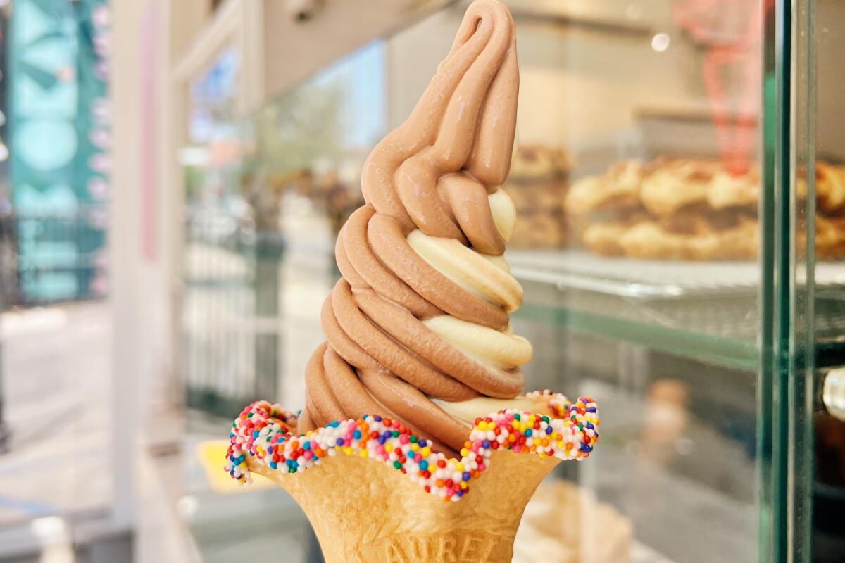 A swirl of chocolate and pineapple soft serve at Bumsan Organic Milk Bar in Koreatown.