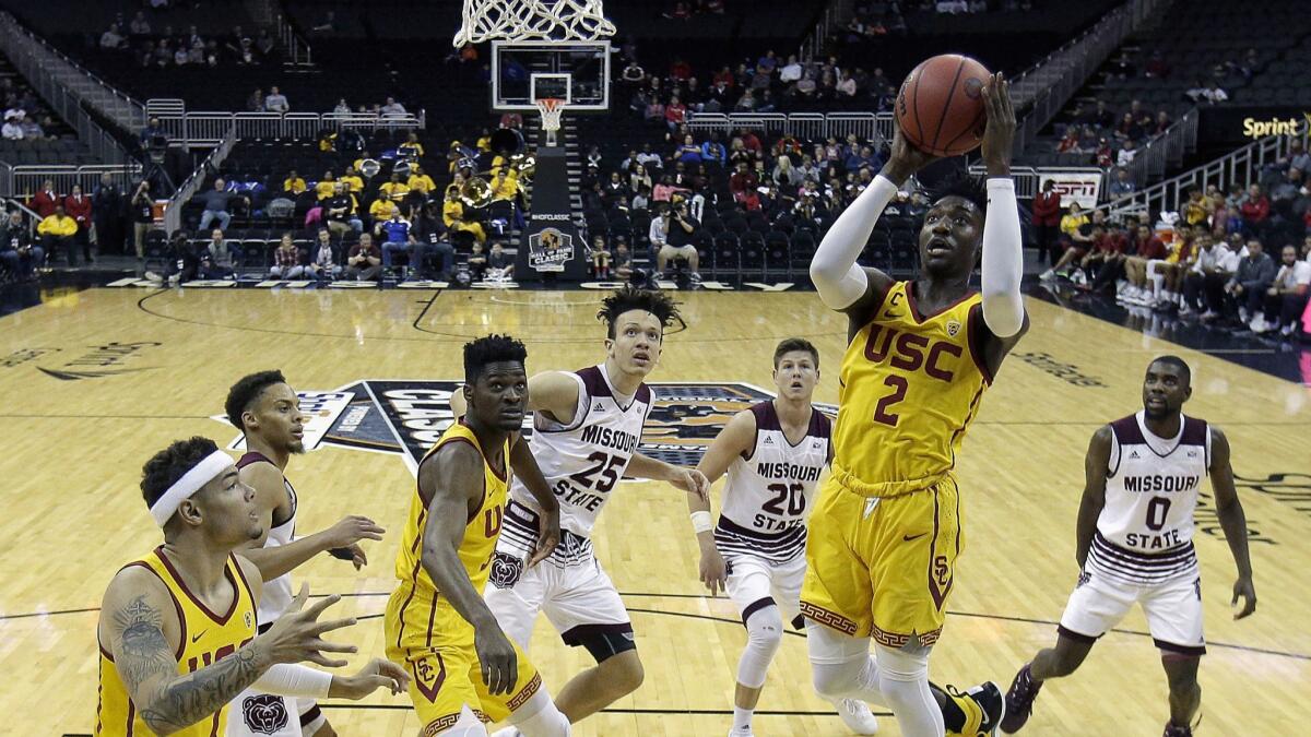 USC's Jonah Mathews (2) puts up a shot during the first half against Missouri State.