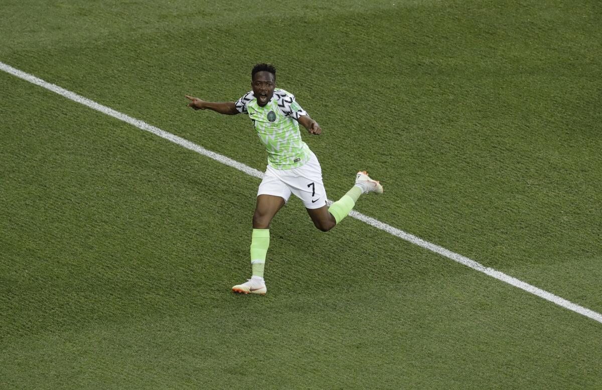 Nigeria's Ahmed Musa celebrates after scoring his side's opening goal during the group D match between Nigeria and Iceland at the 2018 soccer World Cup in the Volgograd Arena in Volgograd, Russia, Friday, June 22, 2018.