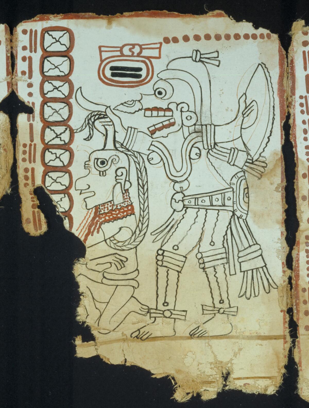 A scanned page of the Códice Maya shows a drawing of a Mayan death deity about to execute a kneeling figure.