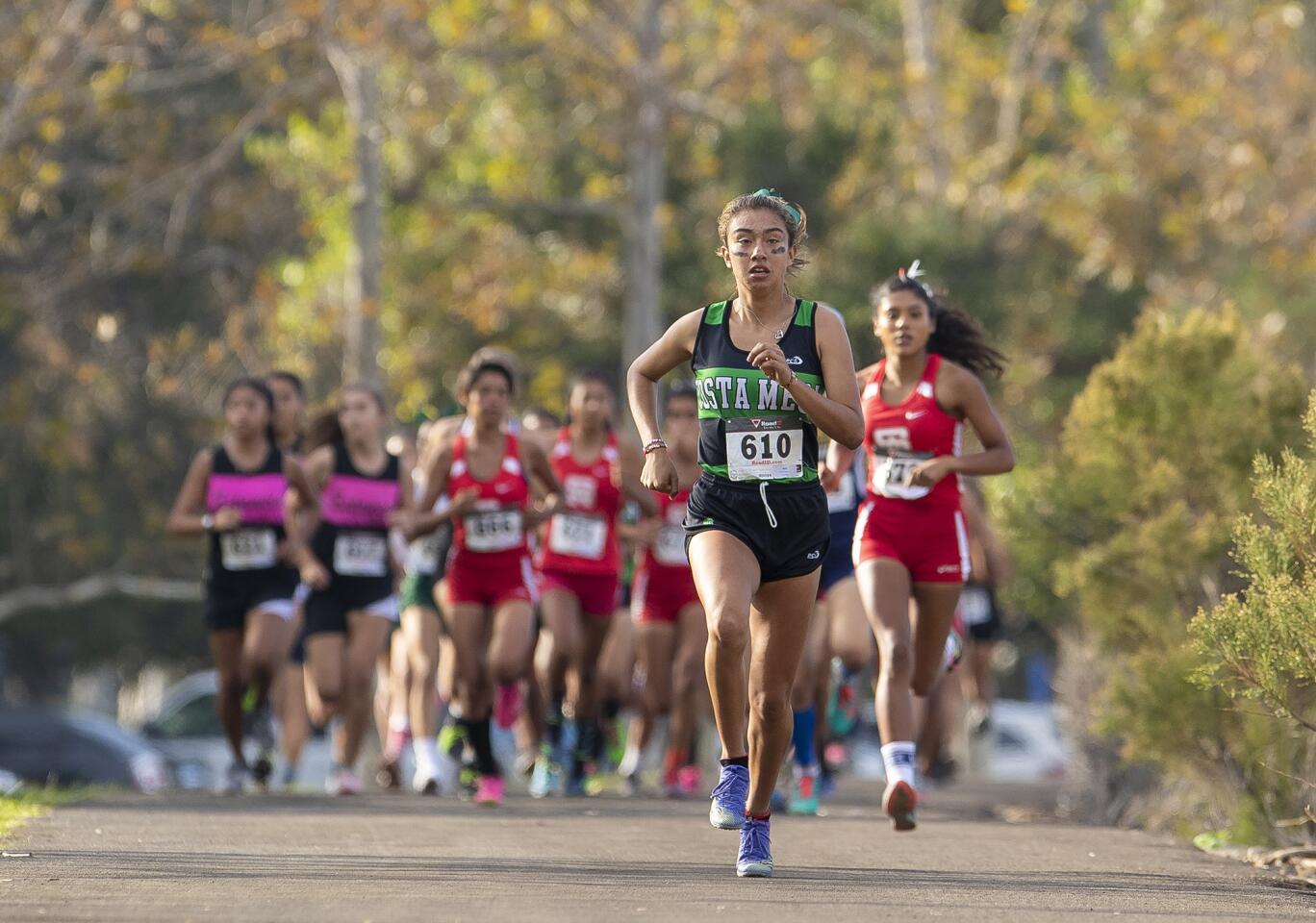 Costa Mesa's Diane Molina leads the pack during the Orange Coast League cross-country finals at Irvine Regional Park in Orange on Monday, October 29.