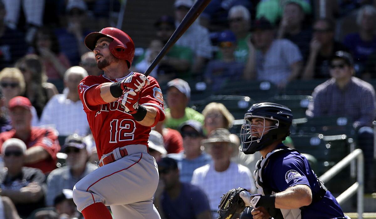 Angels second baseman Johnny Giavotella connects for a two-run double against the Rockies on Thursday.