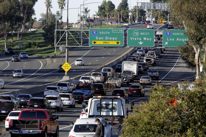 Westbound traffic on state Route 78 backs up at the entrance ramp of the interchange to southbound Interstate 5. 