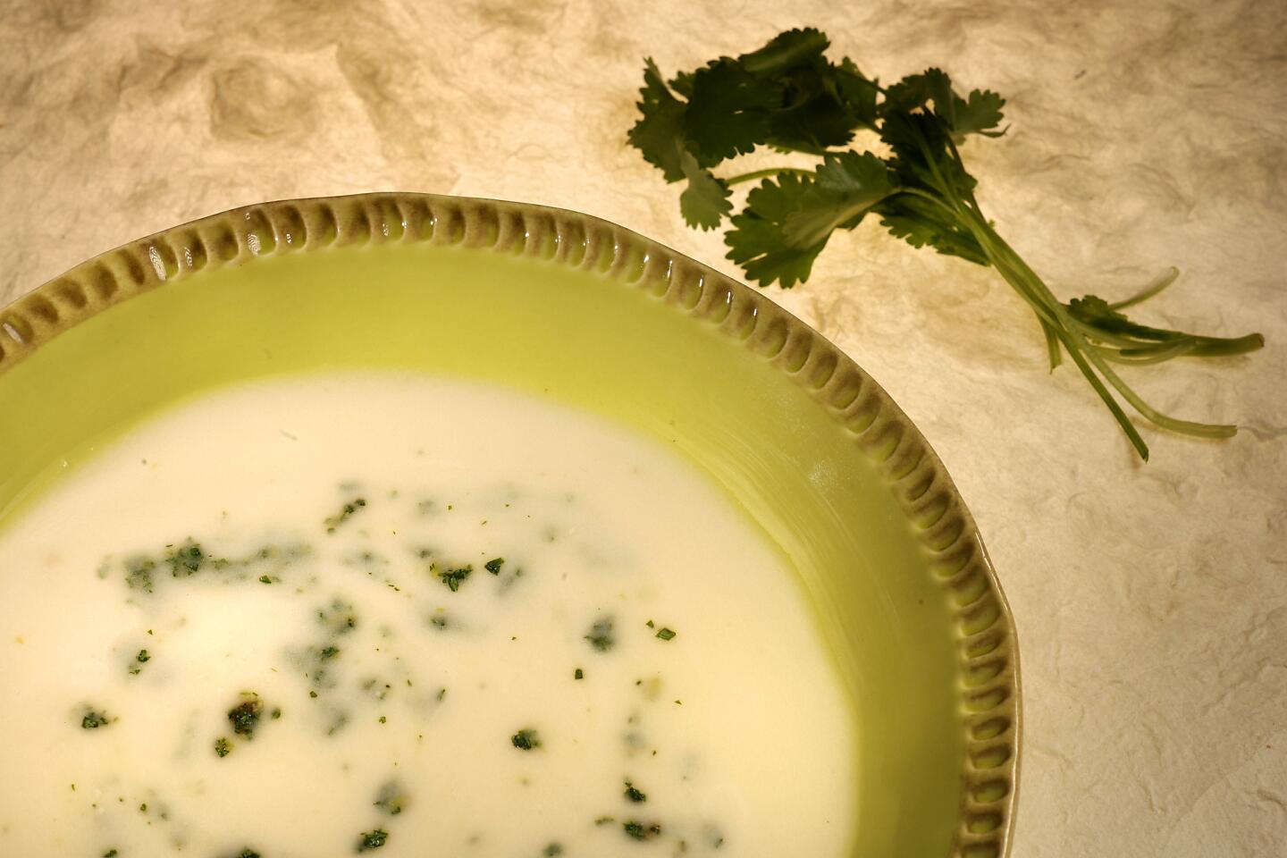 Quick potato leek soup gets a last-minute boost of flavor from a blend of finely diced cilantro, anchovy and garlic.