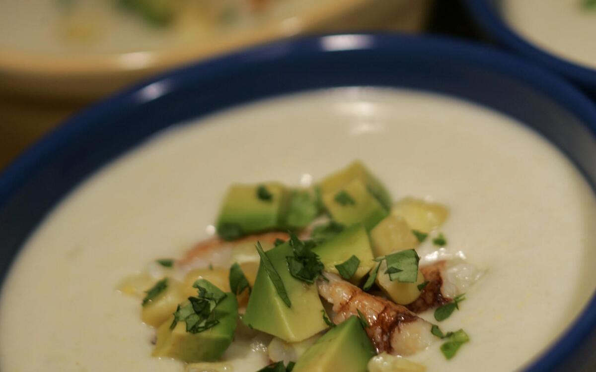 Chilled corn soup with avocado and crab