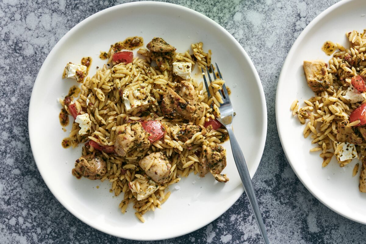Chicken and orzo with sun-dried tomato and basil vinaigrette.