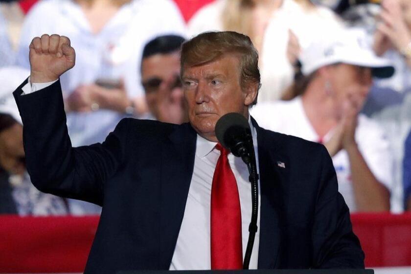 President Trump acknowledges the crowd at the end of his rally in Panama City Beach, Fla., Wednesday, May 8, 2019. (AP Photo/Gerald Herbert)