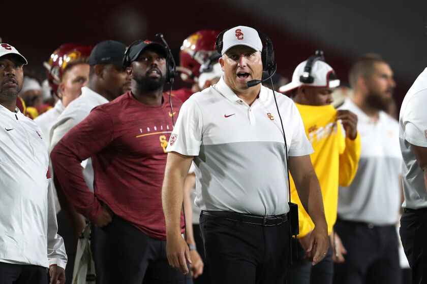 LOS ANGELES, CALIFORNIA - SEPTEMBER 20: Head coach Clay Helton of the USC Trojans looks on from the sidelines in the game against the Utah Utes at Los Angeles Memorial Coliseum on September 20, 2019 in Los Angeles, California. (Photo by Meg Oliphant/Getty Images)