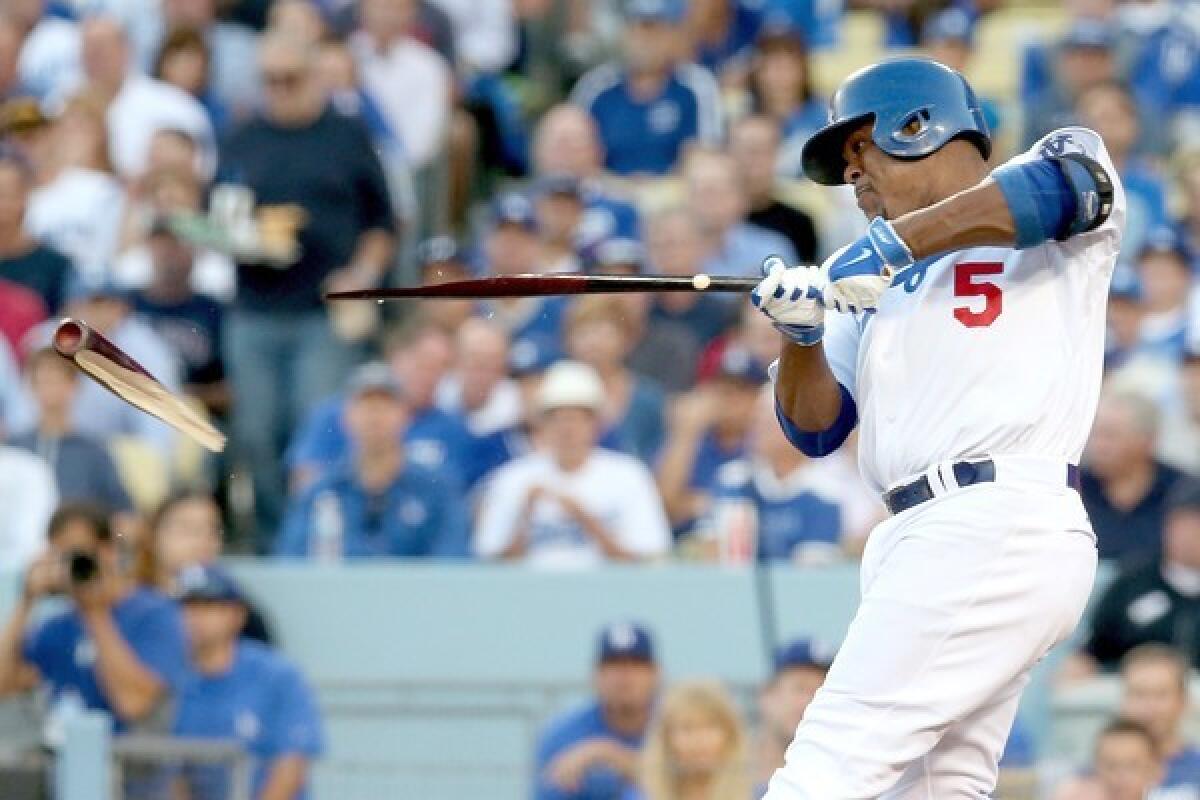 Dodgers third baseman Juan Uribe breaks his bat while lining out to second in Game 4 of the NLCS.
