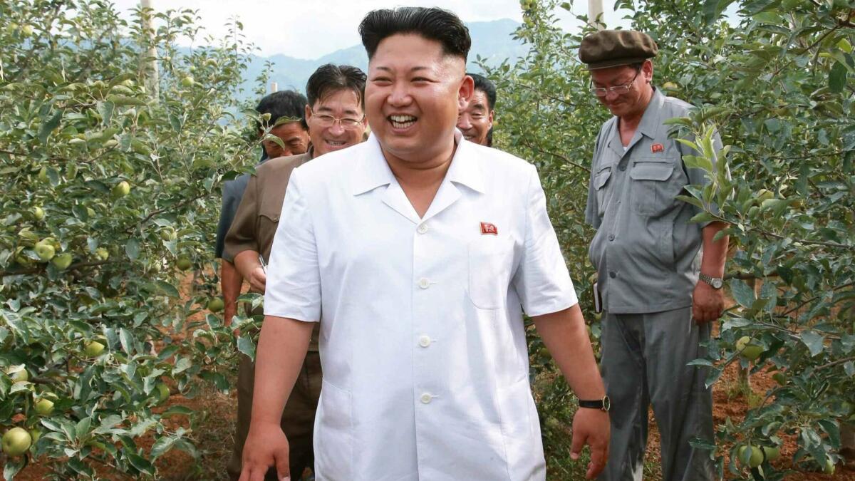 Kim Jong Un tours a fruit farm in the Gangwon province of North Korea in an official photo released in July 2014.