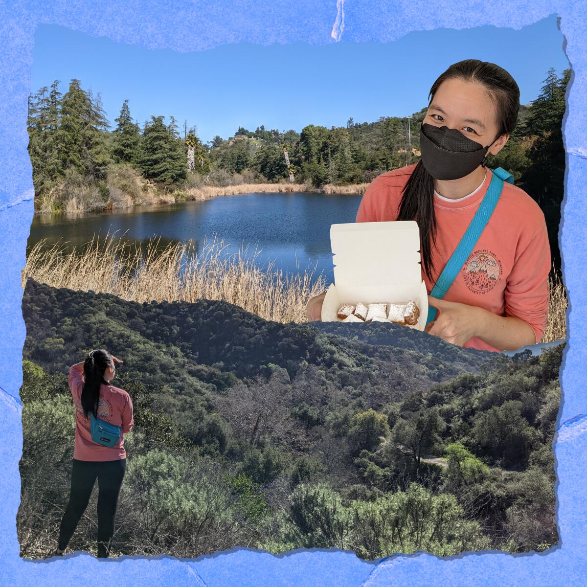 Two photos of a young woman in a ponytail and mask outdoors near a lake.