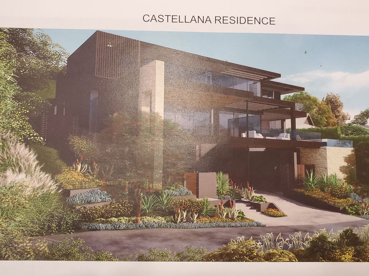 A rendering of a proposed Castellana Road residence is presented to the La Jolla Community Planning Association.