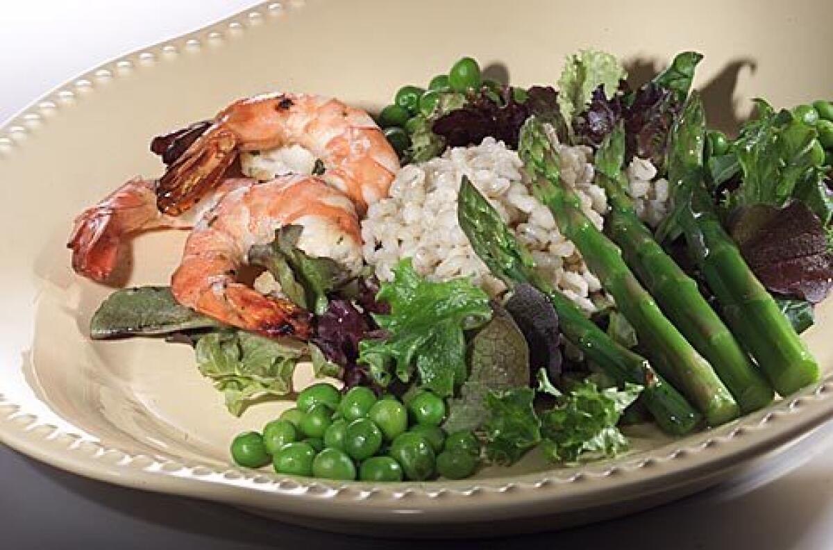 SEASONAL: Balsamic shrimp With asparagus salad: Look for the fresh peas.
