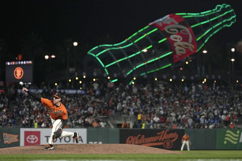 Giants pitcher Anthony DeSclafani throws to the Dodgers during the sixth inning Sept. 3, 2021, in San Francisco.