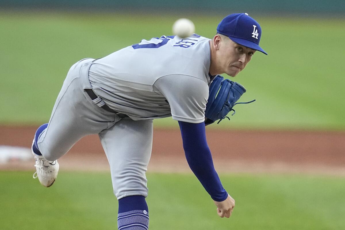 Dodgers' Bobby Miller pitches against the Cleveland Guardians on Aug. 22, 2023, in Cleveland.