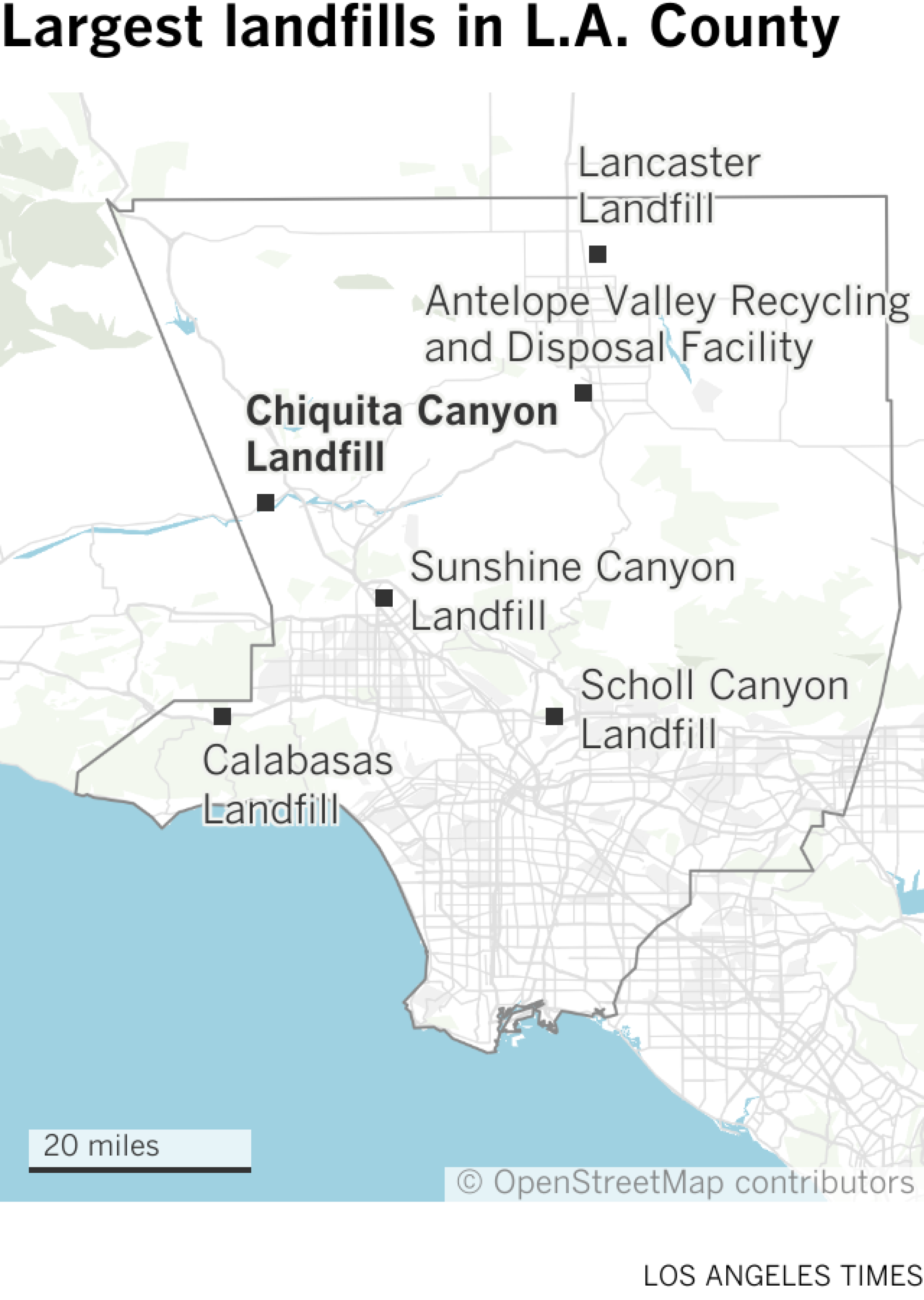 Une carte montre les emplacements des six plus grandes décharges du comté de LA.  Il s'agit de : Chiquita Canyon et Sunshine Canyon près de Santa Clarita ;  Canyon scolaire près de Pasadena ;  la décharge de Calabasas ;  la décharge de Lancaster ;  et l'installation de recyclage et d'élimination d'Antelope Valley.