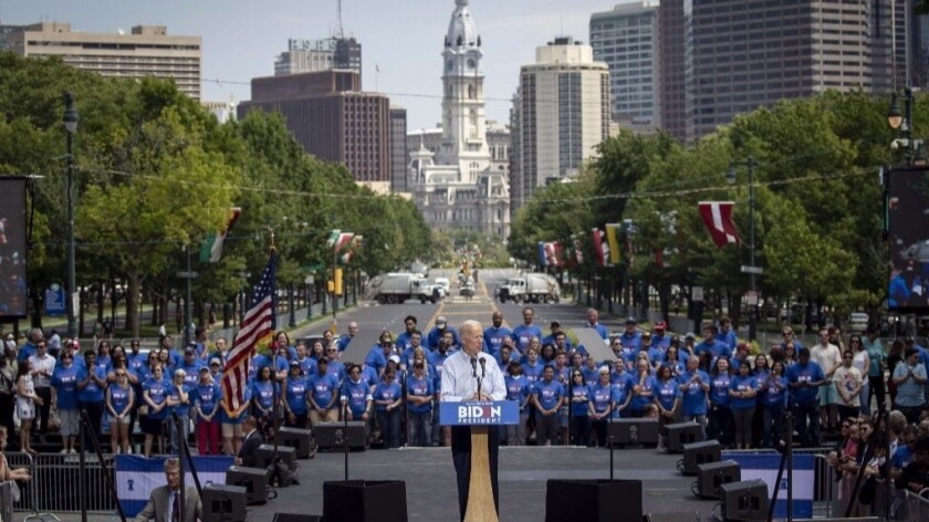 Joe Biden speaks to a crowd of about 6,000 in central Philadelphia.