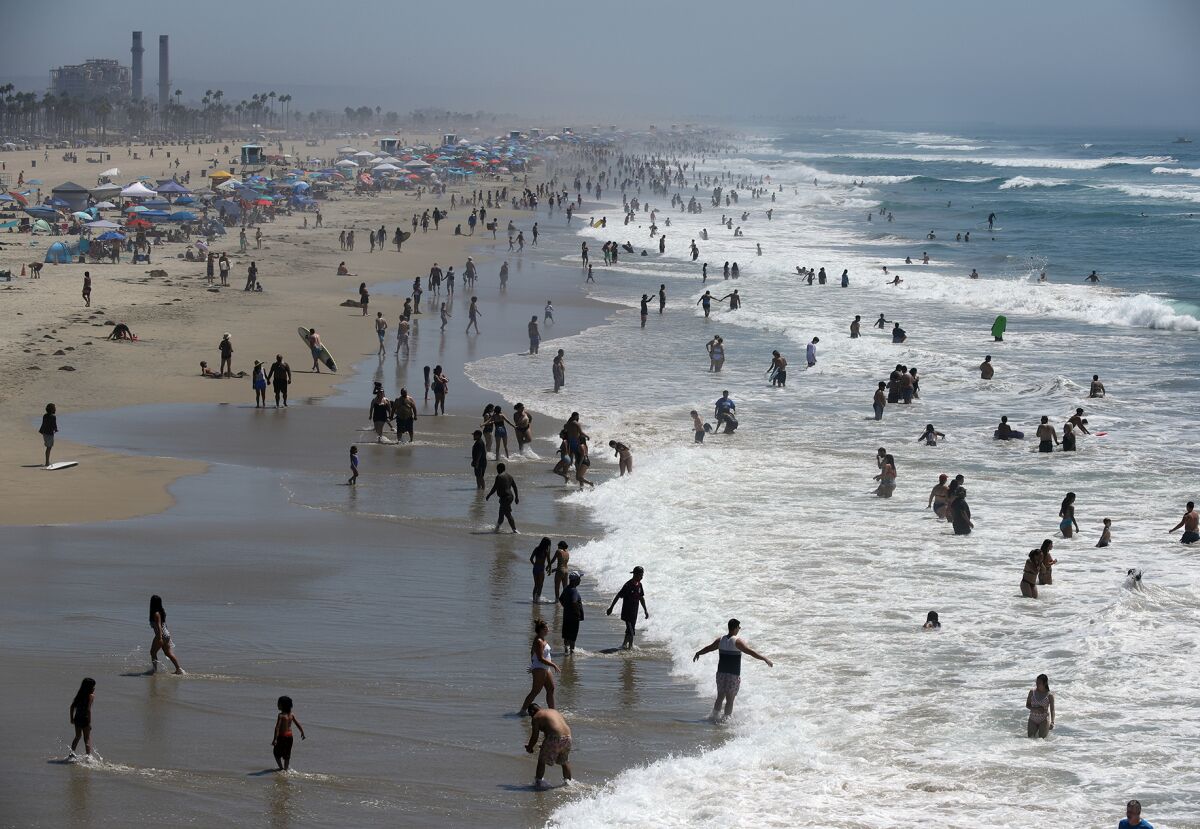 Crowds of beachgoers swim in the Pacific Ocean.