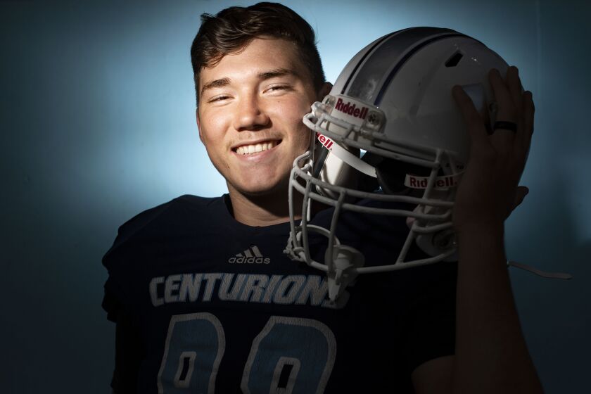 San Diego, CA - December 01: University City senior tight end/offensive lineman Cayden Dawnson poses for a photo at the high school on Thursday, Dec. 1, 2022 in San Diego, CA. (Meg McLaughlin / The San Diego Union-Tribune)