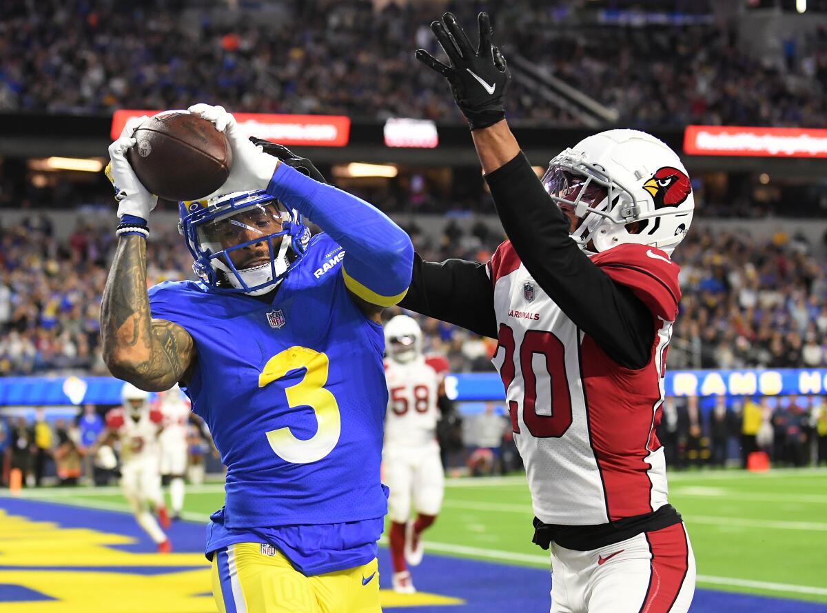 Rams receiver Odell Beckham Jr. grabs a touchdown catch behind Cardinals cornerback Marco Wilson.
