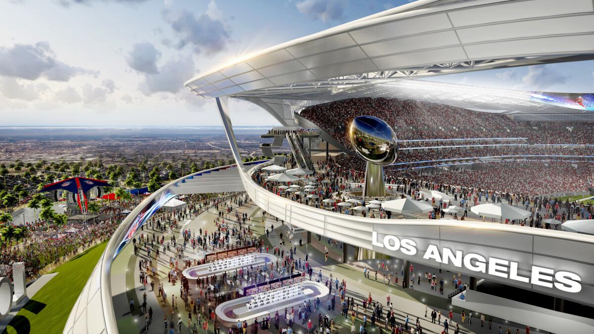 A rendering provided by Manica Architecture shows the proposed $1.7-billion NFL stadium the San Diego Chargers and Oakland Raiders football teams want to build in Carson.