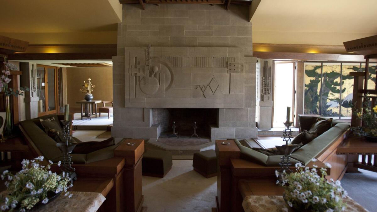 The living room, circa 2011 before the most recent renovation, of Frank Lloyd Wright's Hollyhock House.
