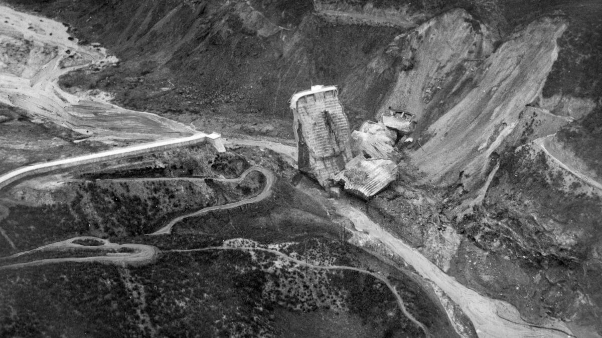 March 13, 1928: What's left of the St. Francis Dam as seen from the air at a point just below the dam. This photo was published on Page 1 of the March 14, 1928, Los Angeles Times.