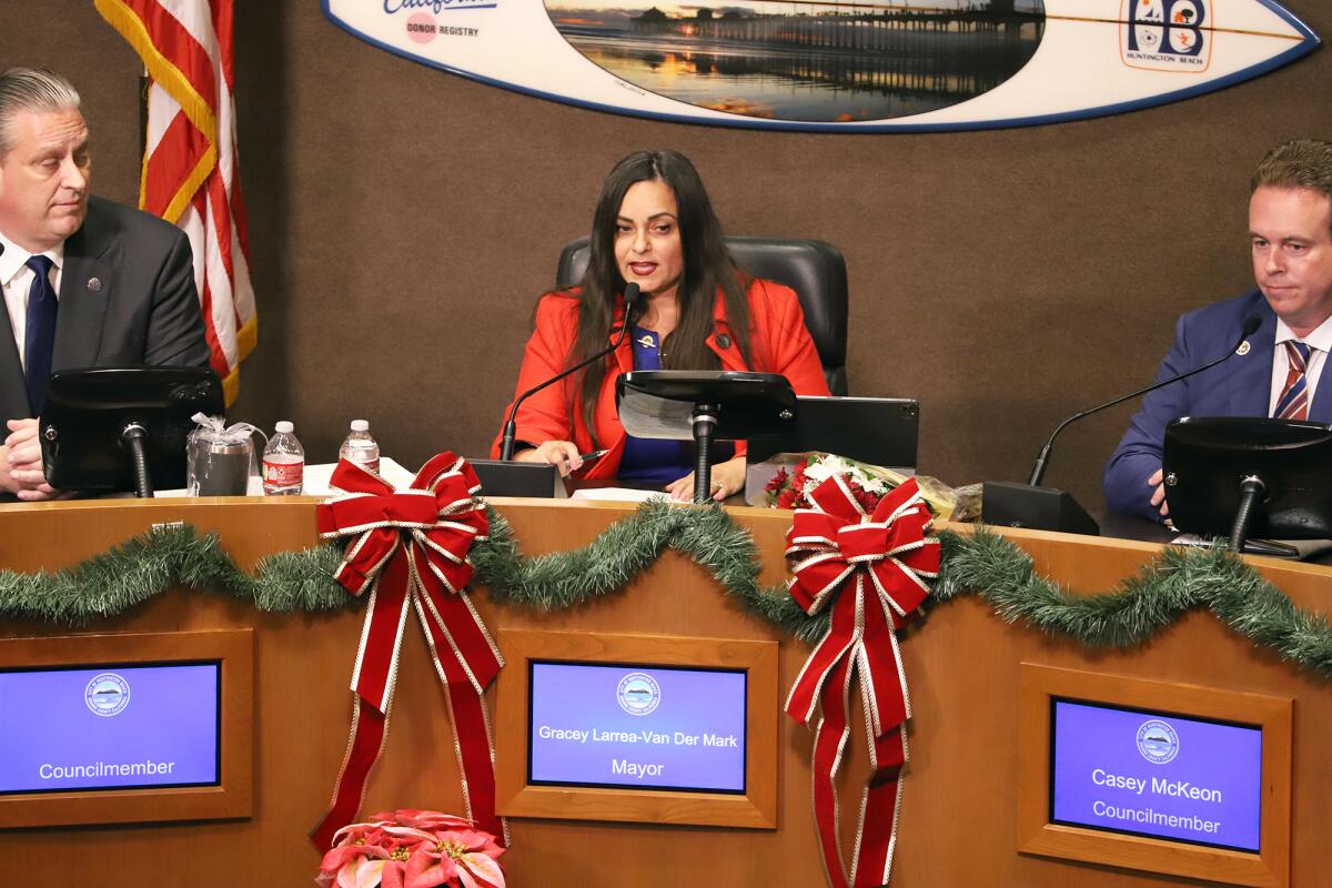 Gracey Van Der Mark sits in the mayor's seat after being appointed the 87th mayor of Huntington Beach.