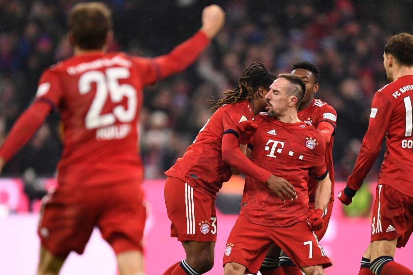 CONDITIONS - ATTENTION: The DFL regulations prohibit any use of photographs as image sequences and/or quasi-video. Mandatory Credit: Photo by LUKAS BARTH-TUTTAS/EPA-EFE/REX (10038228af) Bayern's Franck Ribery (3-R) celebrates with team mates after scoring a goal during the German Bundesliga soccer match between Bayern Munich and RB Leipzig in Munich, Germany, 19 December 2018. FC Bayern Munich vs RB Leipzig, Germany - 19 Dec 2018 ** Usable by LA, CT and MoD ONLY **