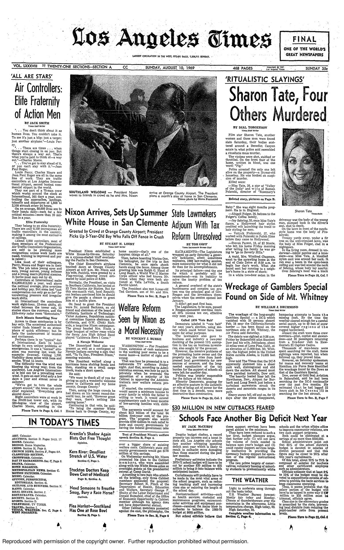 The front page of the Los Angeles Times on Aug. 10, 1969