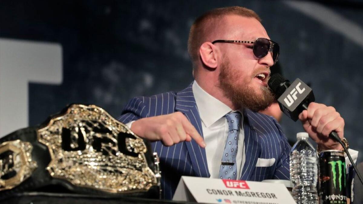 UFC fighter Conor McGregor speaks at a news conference ahead of his bout Saturday with Eddie Alvarez for the lightweight title.