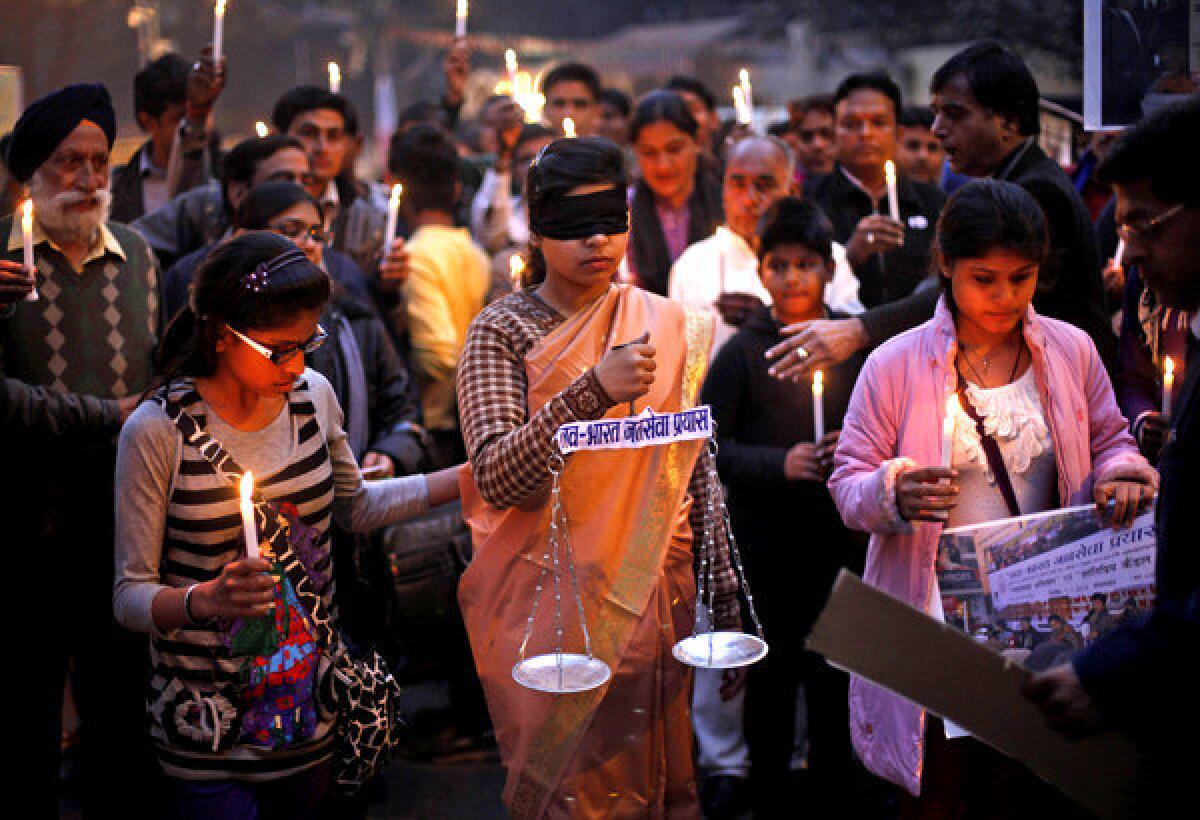 Demonstrators in New Delhi in January call for justice in recent rape cases in India.