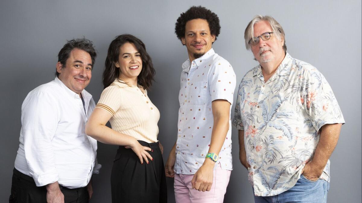 Matt Groening, right, with, from left, his "Disenchantment" co-creator Josh Weinstein and their stars Abbi Jacobson and Eric Andre.
