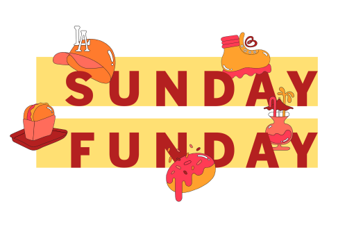 sunday funday infobox logo with spot illustrations in blue, yellow, and green